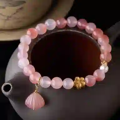 琳琯瑛 新中式国风校园学生圆珠 粉色事半功贝桃花 玛瑙 玉石手串 女款 玛瑙