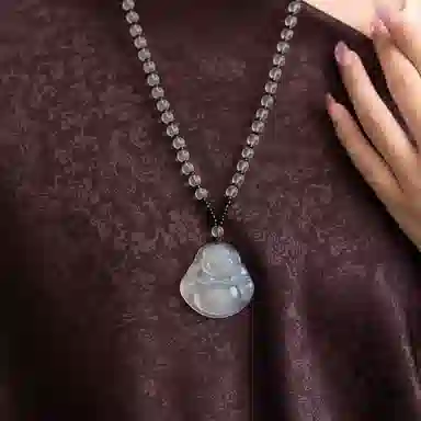 琳琯瑛白冰佛公玉髓吊坠玉佛白色大肚笑佛水晶圆珠项链玉坠男女同款