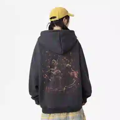 Qnxeey Vintage Ink Print Hoodie