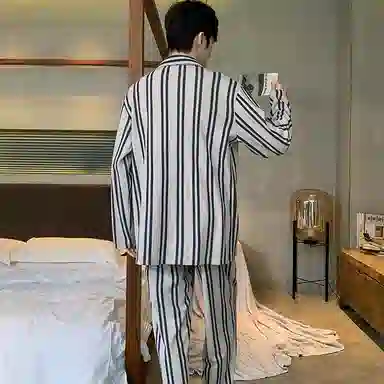 兰缪 纯棉长袖青少年学生开衫大码家居服春秋季睡衣套装 男 图片色