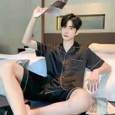 兰缪 夏季冰丝短袖时尚休闲短裤睡衣套装 男款 黑色