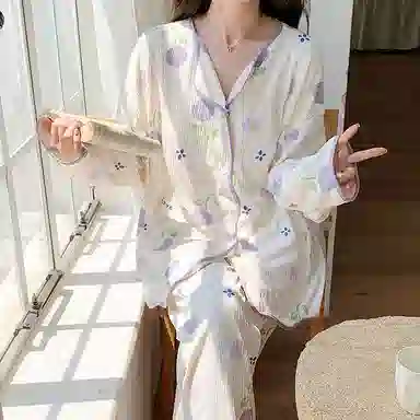 兰缪 简约亲肤可爱甜美带胸垫一体开衫长袖休闲可外穿长裤睡衣套装 女款 图片色