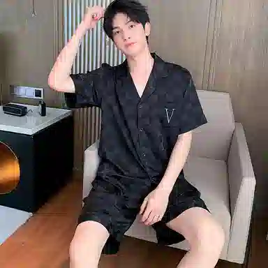 兰缪 翻领休闲短袖松紧腰短裤睡衣套装 男款 黑色