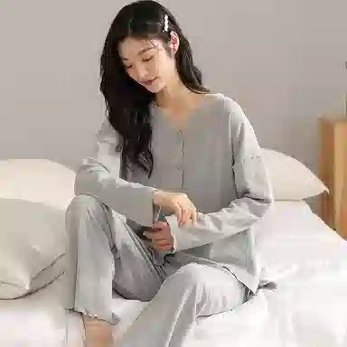 兰缪 简约亲肤舒适带胸垫一体防凸点长袖可外穿休闲长裤睡衣套装 女款 杏色