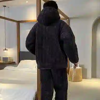 兰缪 连帽三层夹棉袄保暖家居服长袖长裤睡衣套装 男款 图片色