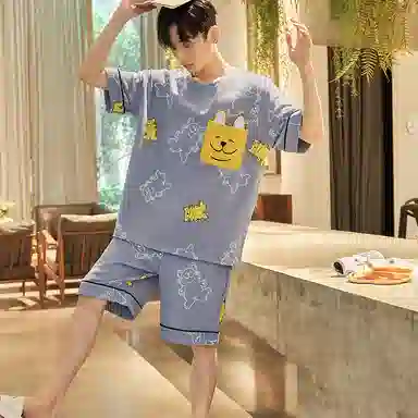 兰缪 袖亲肤短袖简约透气短裤睡衣套装 男款 蓝色