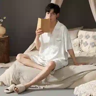 兰缪 凉感舒适透气短袖上衣可外穿家居服五分裤睡衣套装 男款 图片色