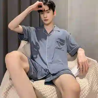 兰缪 夏季冰丝短袖时尚休闲短裤睡衣套装 男款 黑色