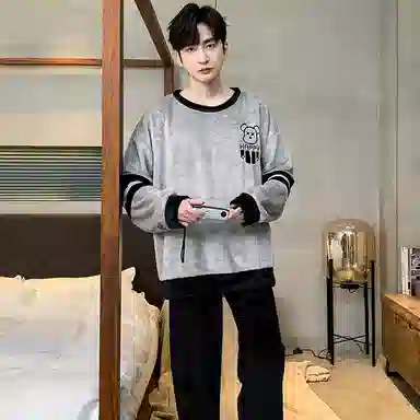 兰缪 亲肤舒适长袖长裤保暖圆领可外穿家居服睡衣套装 男款 图片色