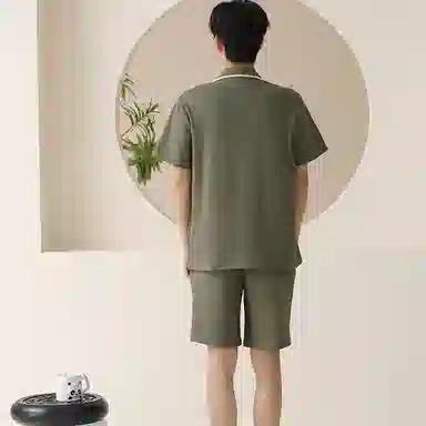 兰缪 休闲翻领纯色短袖上衣可外穿家居服五分裤睡衣套装 男款 图片色