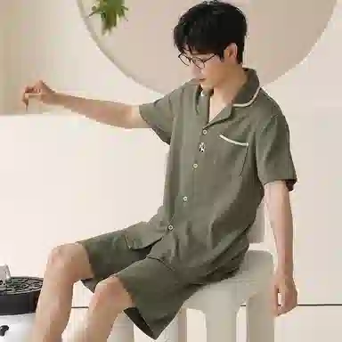 兰缪 休闲翻领纯色短袖上衣可外穿家居服五分裤睡衣套装 男款 图片色