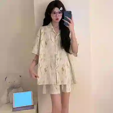 兰缪 薄款翻领开衫短袖上衣可外穿家居服三分裤夏季睡衣套装 女款