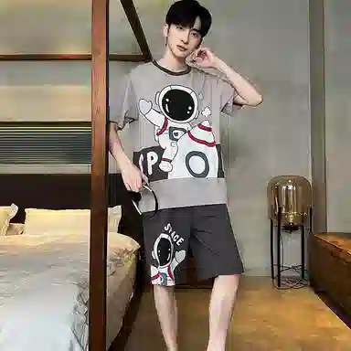 兰缪 卡通印花圆领套头短袖睡衣套装 男款