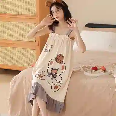 兰缪 薄款无袖吊带连衣裙可爱全棉睡裙 女款 图片色