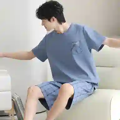 兰缪 舒适圆领短袖上衣亲肤短裤可外穿家居服长裤睡衣套装 男款 图片色