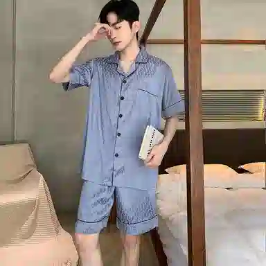 兰缪 简约休闲凉感可外穿翻领短袖上衣松紧腰亲肤舒适家居短裤睡衣套装 男款 蓝色