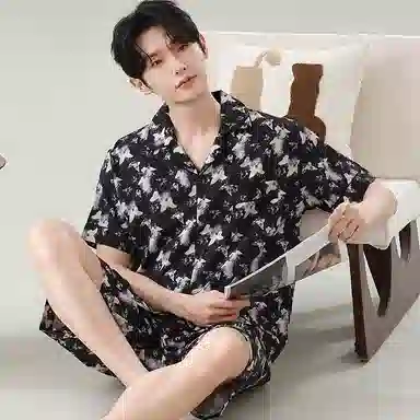 兰缪 可外穿冰丝短袖短裤青年薄款家居服睡衣套装 男款