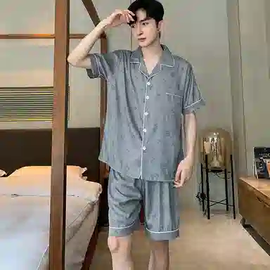 兰缪 美式字母简约短袖冰丝凉感短裤睡衣套装 男款 灰色