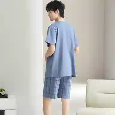 兰缪 舒适圆领短袖上衣亲肤短裤可外穿家居服长裤睡衣套装 男款 图片色
