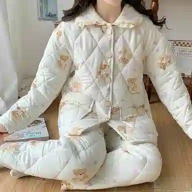 兰缪 三层夹棉加厚休闲舒适可外穿家居服睡衣套装 女款 米白色