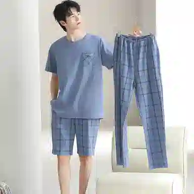 兰缪 舒适圆领短袖上衣亲肤短裤可外穿家居服长裤睡衣套装 男款 图片色