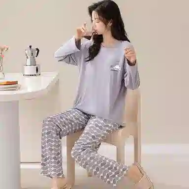 兰缪 带胸垫一体女士春秋季夏天长袖纯棉少女生家居服 睡衣套装 女款