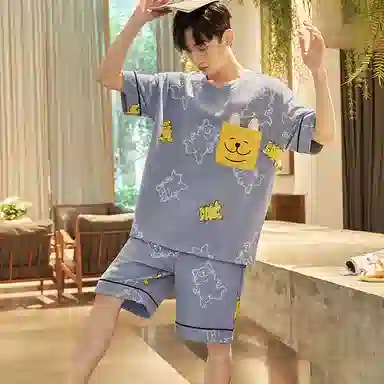 兰缪 时尚简约高级短袖凉感休闲短裤舒适亲肤长裤睡衣套装 男款