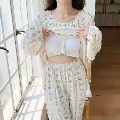 兰缪 皱布带胸垫一体圆领套头长袖长裤可爱甜美睡衣套装 女款 白色