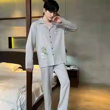 兰缪 休闲舒适简约长袖长裤可外穿家居服睡衣套装 男款 图片色