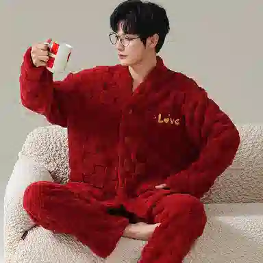 兰缪 新婚喜庆珊瑚绒加绒加厚本命年保暖长袖长裤睡衣套装 男款 红色