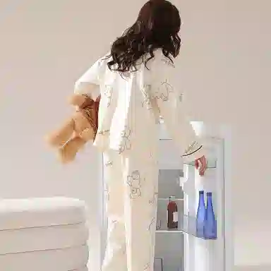 兰缪 开衫长袖仿制满印长裤睡衣套装 女款 杏色