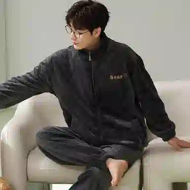 兰缪 新婚喜庆珊瑚绒加绒加厚本命年保暖长袖长裤睡衣套装 男款 红色