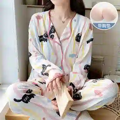 兰缪 可爱甜美带胸垫一体开衫长袖休闲可外穿长裤睡衣套装 女款 图片色