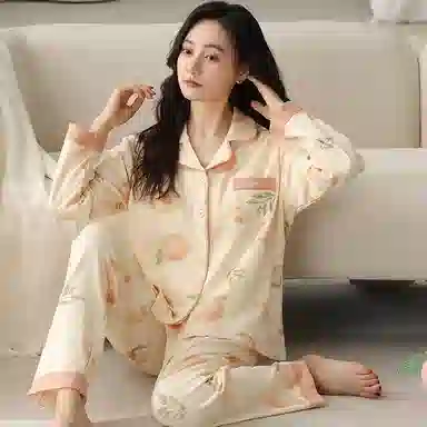 兰缪 桃子满印翻领带胸垫上衣吸湿排汗透气长裤睡衣套装 女款 杏色