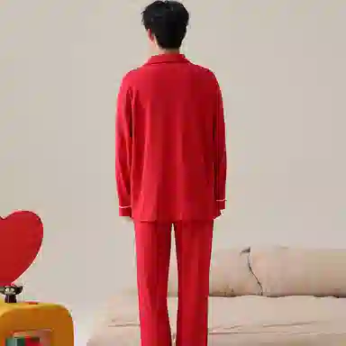 兰缪 休闲纯色喜庆长袖开衫长裤睡衣套装 男款 红色