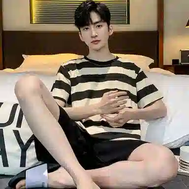 兰缪 简约亲肤舒适条纹圆领短袖凉感休闲家居可外穿纯色短裤睡衣套装 男款 黑色