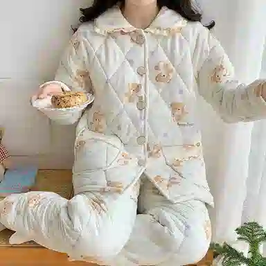 兰缪 三层夹棉加厚休闲舒适可外穿家居服睡衣套装 女款 米白色