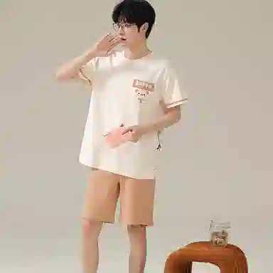 兰缪 亲肤舒适短袖上衣可外穿家居服五分裤睡衣套装 男款 图片色