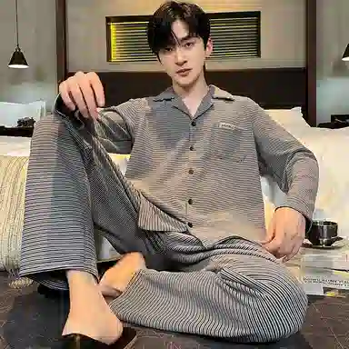 兰缪 加厚发热长袖舒适亲肤条纹睡衣套装 男款 图色