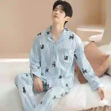 兰缪 纯棉男士春夏秋季宽松长袖长裤青少年可外穿大码家居服睡衣套装 男款