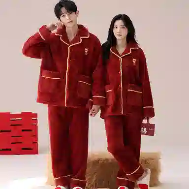 兰缪 舒适亲肤休闲睡衣套装 男女同款 红色