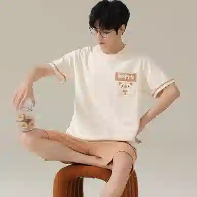 兰缪 亲肤舒适短袖上衣可外穿家居服五分裤睡衣套装 男款 图片色