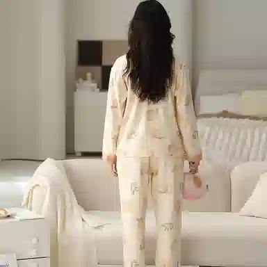 兰缪 桃子满印翻领带胸垫上衣吸湿排汗透气长裤睡衣套装 女款 杏色