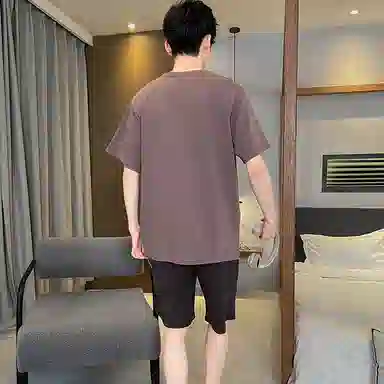 兰缪 薄款卡通印花圆领套头短袖松紧短裤睡衣套装 男款 深灰色