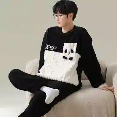 兰缪 新婚喜庆珊瑚绒加绒加厚本命年保暖长袖长裤睡衣套装 男款 红色