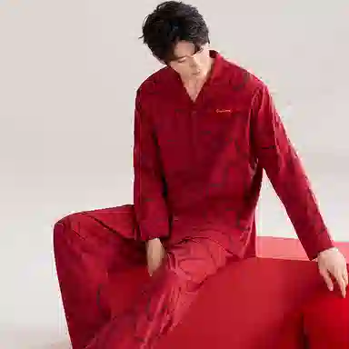 兰缪 喜庆翻领亲肤舒适长袖长裤家居服睡衣套装 男款 图片色