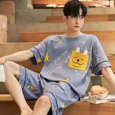 兰缪 袖亲肤短袖简约透气短裤睡衣套装 男款 蓝色