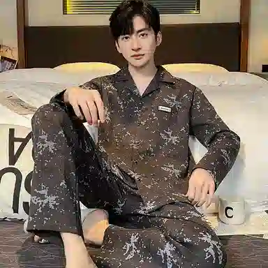 兰缪 简约休闲舒适亲肤透气可外穿翻领开衫长袖长裤睡衣套装 男款 黑色