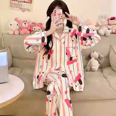 兰缪 简约亲肤舒适带胸垫一体防凸点长袖可外穿休闲长裤睡衣套装 女款 杏色