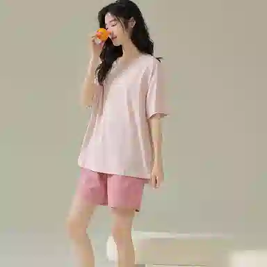 兰缪 凉感自带胸垫舒适短袖三分裤睡衣套装 女款 图片色